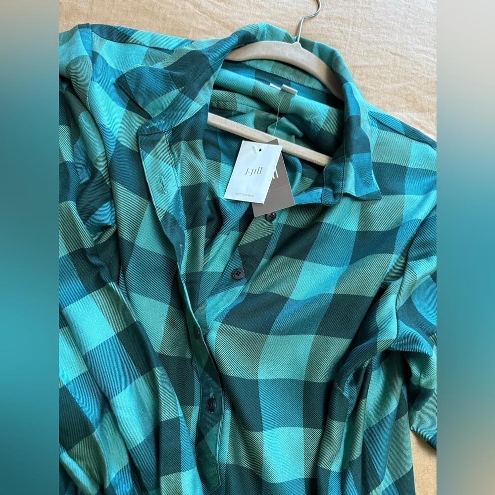 JJill NEW Green Plaid Women's long sleeved popover shirt dress with pockets - Picture 12 of 12